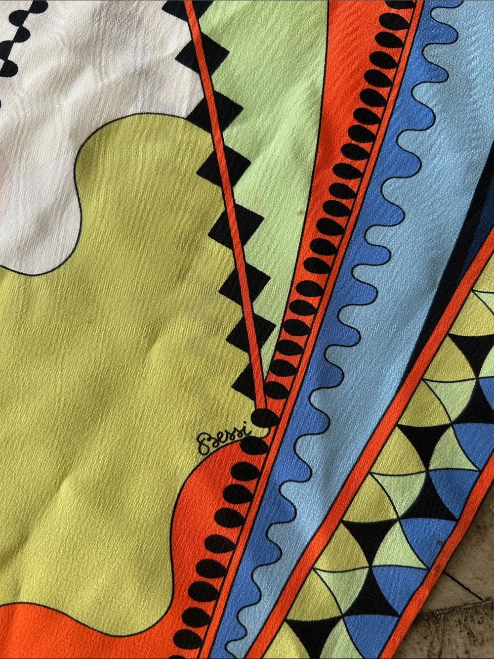 Vibrant Multicolor Geometric Silk-Feel Scarf - (Unknown) - Blue, Orange, Green